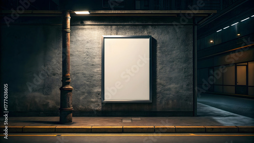 Blank vertical poster on textured urban wall at night