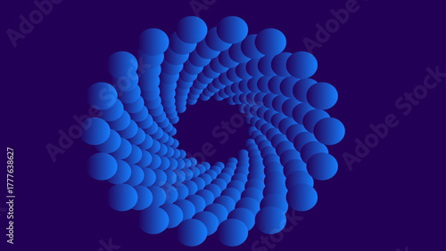Blue 3D sphere tunnel abstract background with a deep violet hue. Digital vortex pattern made of glowing, volumetric blue balls.