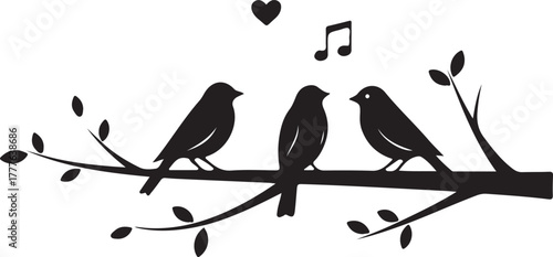 Elegant silhouette of three songbirds on a tree branch with a heart and musical note