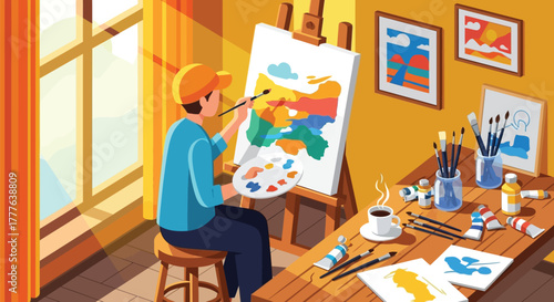 A person painting a colorful abstract landscape on a canvas in a bright sunny art studio room