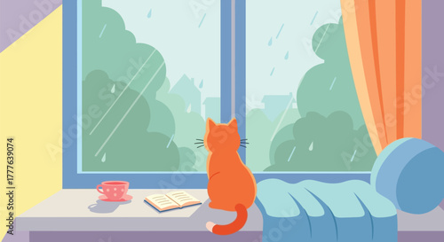 An illustration of an orange cat sitting by a window watching the rain with a book and a cup nearby