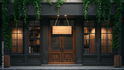 Dark facade bookstore with wooden doors and blank sign