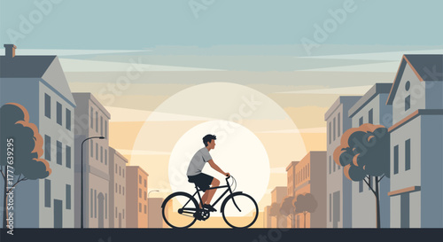 A man rides a bicycle down a city street with buildings and a large sun in the background illustration