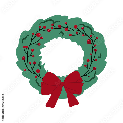 A New Year's wreath decorated with berries and a red bow on a white background. A Christmas wreath made of spruce and pine branches. A round frame of pine branches with Christmas decorations.