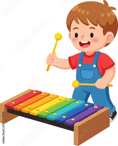 Happy child playing colorful xylophone kids music education concept
