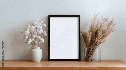 Frame mockup with white matte border leaning against wall on minimalist wooden desk, airy neutral atmosphere, no text, no logo