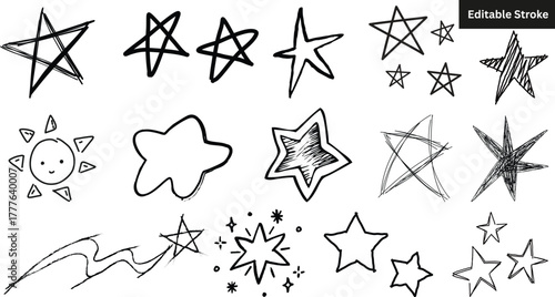 Set of hand drawn stars and sun icons. Vector sketch doodle star, sparkle, and sun collection. Editable stroke.