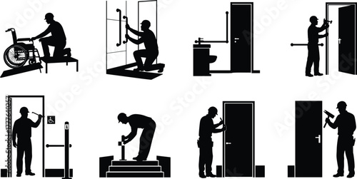 Silhouette vector illustration of workers installing accessibility features, grab bars, ramps, door handles, inclusive design, disability support, safety, construction, and industry