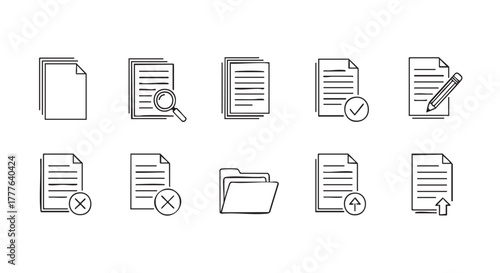 Document Management Icons Set for Files Searching and Deletion Actions