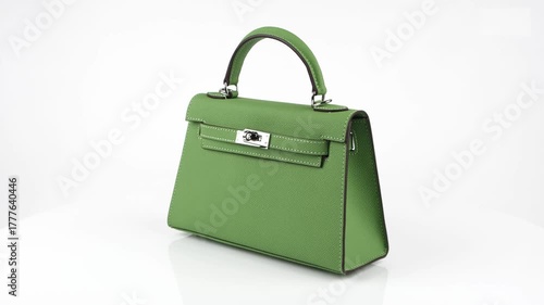 Seamless 360-degree rotation of a chic green leather handbag with gold clasp and handle. Luxury fashion product video in 4K featuring modern design, fine texture, and stylish neutral background.