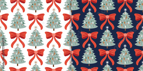 Christmas Seamless Patterns set with Christmas Trees and Red Bows on White and Navy Background, coquette winter wallpapers