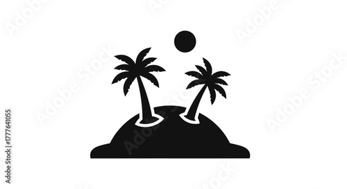 Simple black and white illustration depicting a tropical island with palm trees
