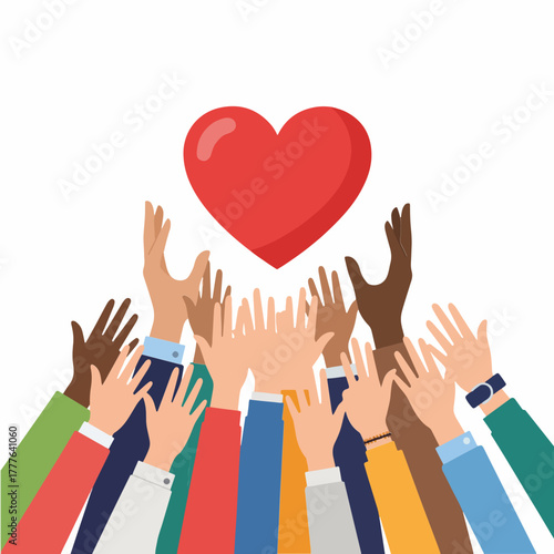 Red heart symbol with many raised diverse hands reaching, representing community, togetherness, unity, support, love, charity, and volunteering on a white background.