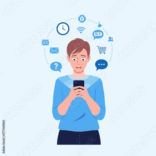 Worried man using smartphone with icons representing notifications, messages, wifi, time and shopping cart circling him, expressing online overload and information anxiety.