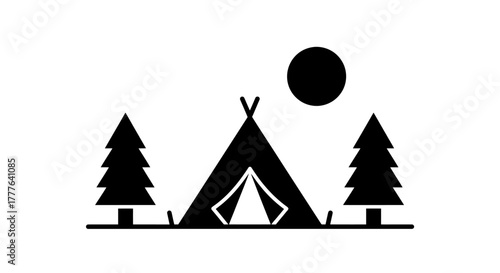 Simple black and white illustration of a tent trees and sun