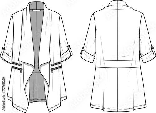 Women’s jacket technical flat sketch, open front draped waterfall style with short sleeves, zip pockets, back yoke seam, cad drawing flat vector illustration