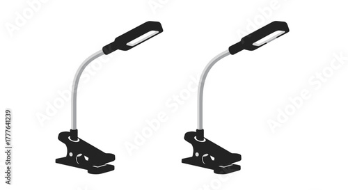 Two black flexible clip on led lamps on a white background
