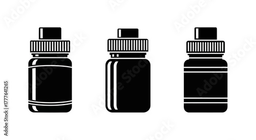 Simple black and white illustration of three dropper bottles in a row