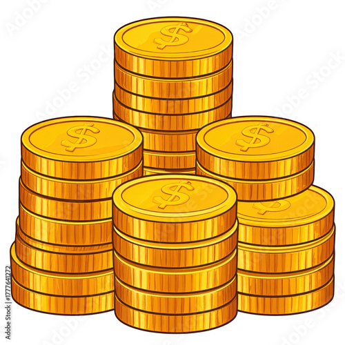  Stacks of yellow gold coins cartoon Illustration isolated on cut out PNG or transparent background. Money coin stack pile. Business and finance concept design and ancient treasures