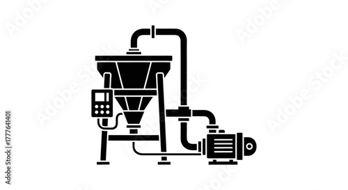 Industrial powder processing equipment with a hopper pipes and motor shown
