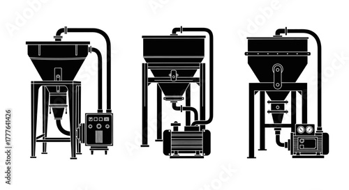 Three industrial hoppers with connected machinery in a black and white style
