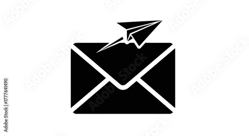 A simple black and white icon depicting an email with a paper airplane