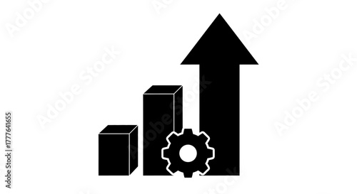 Growth and progress illustrated with a rising bar graph and gear symbol
