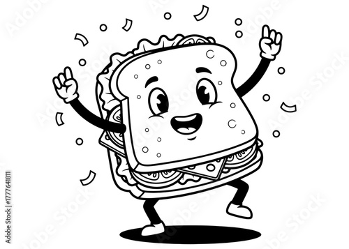 Happy cartoon sandwich mascot character dancing and celebrating with confetti. Black and white vector line art for a logo, coloring book, or party.