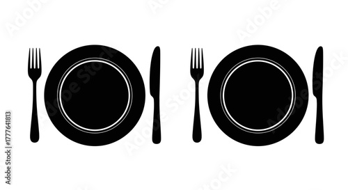 A simple black and white illustration of two place settings for dining