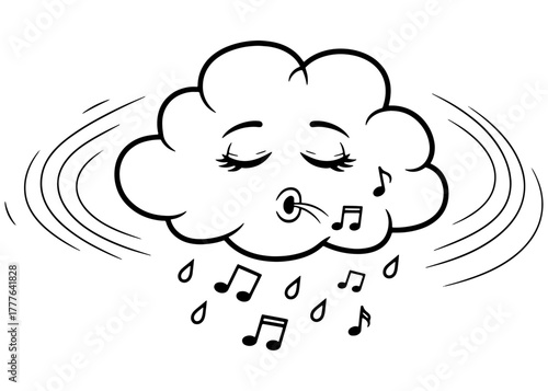 A cute cloud mascot whistling and raining musical notes. Black and white vector line art, isolated for a coloring book, logo, or weather icon.