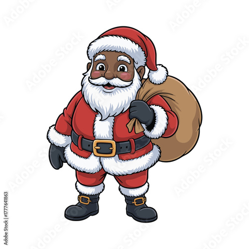 Friendly Black Santa Claus Cartoon with Sack of Toys,Cheerful African American Santa Illustration, Vector Graphic of Santa Holding a Christmas Bag, santa, christmas, santa claus, vector