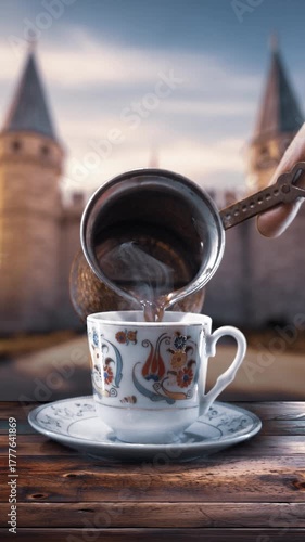 Serving traditional Turkish coffee with Topkapi Palace view in Istanbul