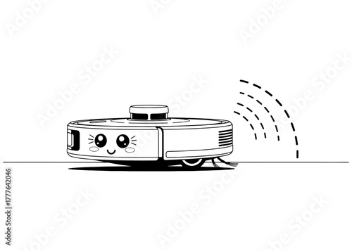 A cute kawaii robot vacuum cleaner mascot. Black and white vector line art for a coloring book, smart home logo, or cleaning service.