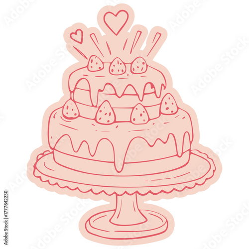 Illustration of a two-tiered cake decorated with strawberries and hearts.