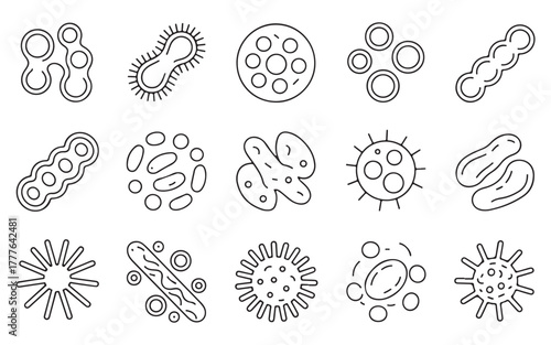  Collection of hand drawn microscopic organisms and bacteria shapes isolated on white background