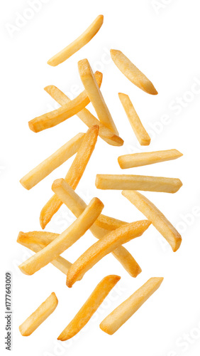 Falling french fries isolated on transparent background