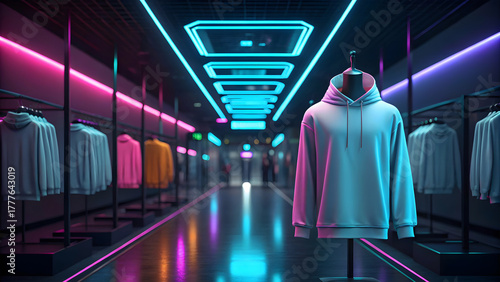 Light blue hoodie on mannequin futuristic neon store