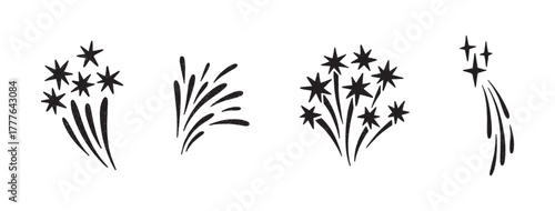 Firework crayon doodle set, hand drawn. Magic holiday firecrackers, twinkle sparkles, confetti icons. Pencil sketch of sunburst, bursting rays. Kid style drawings. Vector fireworks illustration