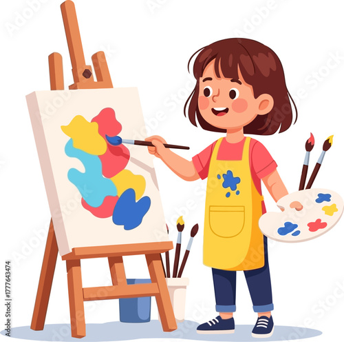 Little Girl Painting on Canvas with Brush and Palette
