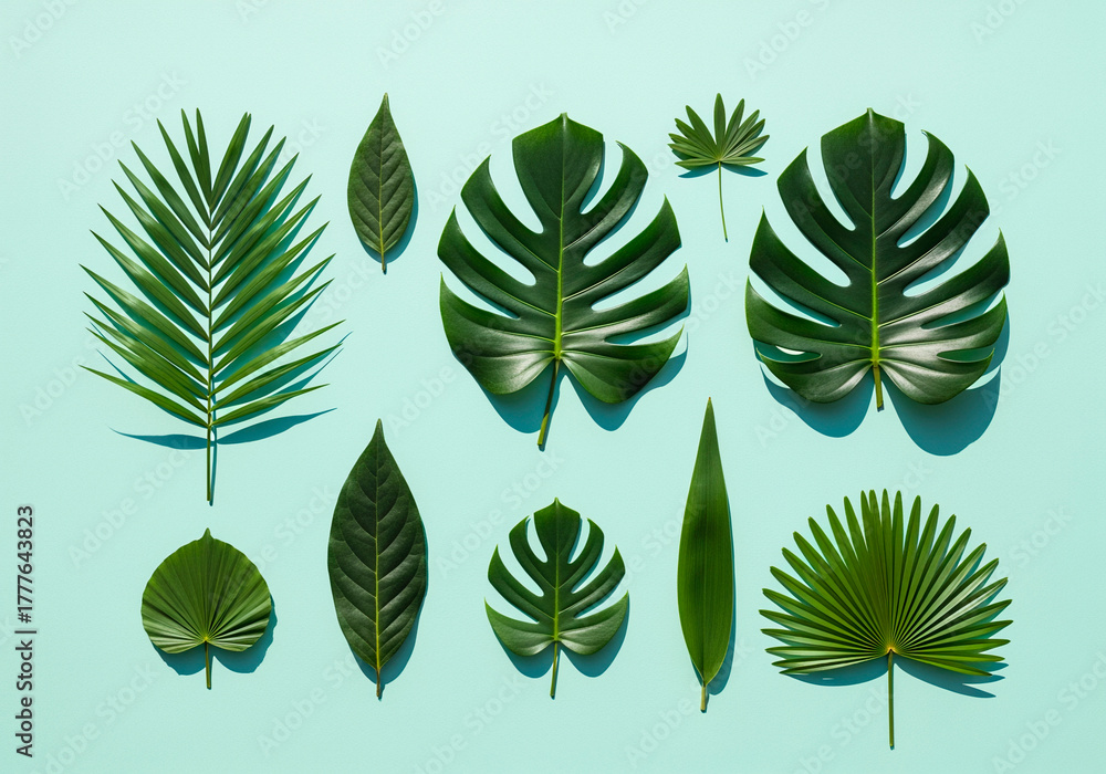 Fototapeta premium A collection of various green tropical leaves arranged in a pleasing pattern on a solid light blue background, showcasing different shapes and textures
