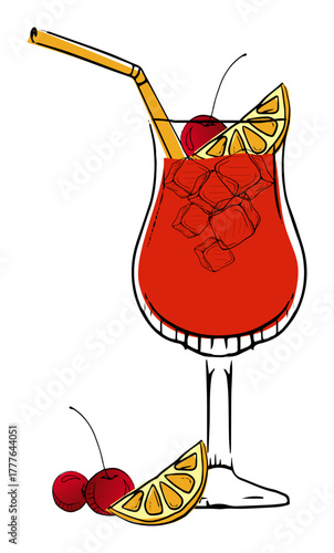 Illustrated cocktail in a glass with lemon and cherry garnish, perfect for a summer refreshment.
