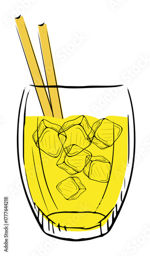 Illustration of a yellow cocktail with ice cubes and straw, perfect for summer parties and celebrations.