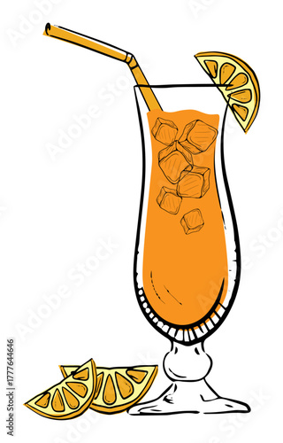 A vibrant cocktail in a tall glass, garnished with citrus slices, perfect for summer enjoyment.