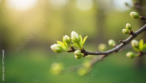 Close up view of tree branch with buds and new leaves in spring with blurred green background nature