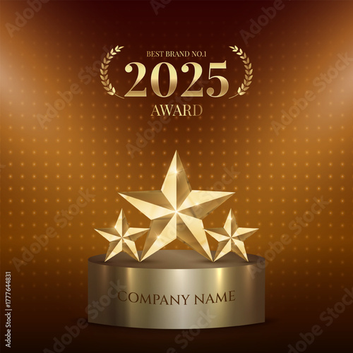 Best company of the year 2025 award with spotlight and curtains background. Best Award gold laurel wreath badge logo design tree star vector illustration isolated on different backgrounds.
