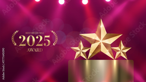 Best company of the year 2025 award with spotlight and curtains background. Best Award gold laurel wreath badge logo design tree star vector illustration isolated on different backgrounds.