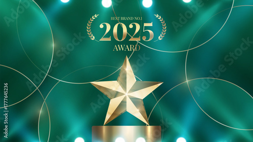 Best company of the year 2025 award with spotlight and curtains background. Best Award gold laurel wreath badge logo design tree star vector illustration isolated on different backgrounds.