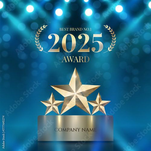 Best company of the year 2025 award with spotlight and curtains background. Best Award gold laurel wreath badge logo design tree star vector illustration isolated on different backgrounds.