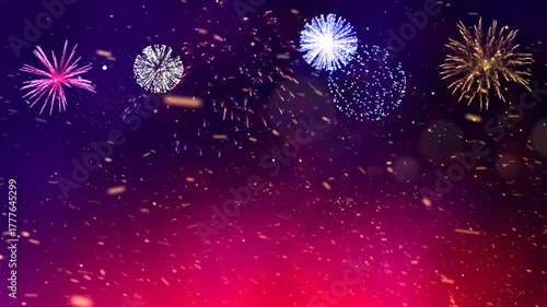 Fireworks with glowing twirly snowflakes background seamlessly loopable	
