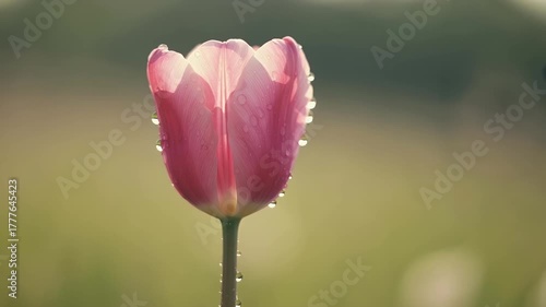 A vibrant pink tulip bloom, adorned with glistening water droplets, stands gracefully against a soft, out-of-focus green background. The flower's delicate petals are gently backlit, emphasizing its na